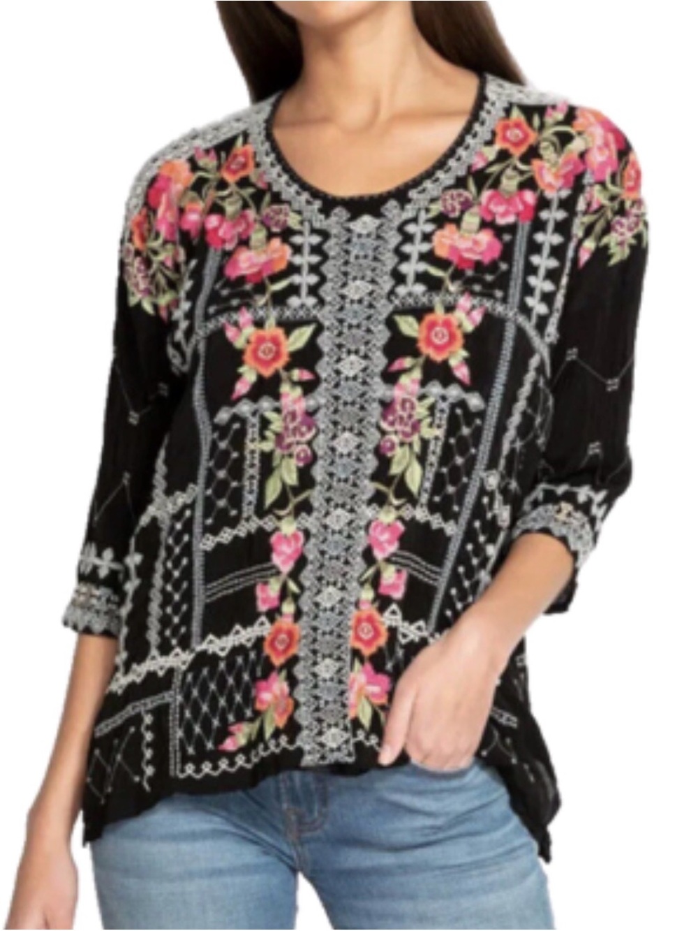 Johnny Was Black Floral Embroidered Tunic with Pink and Red Accents - Picture 7 of 7